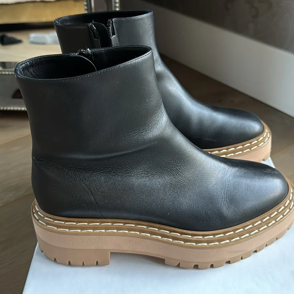 Proenza Schouler Black Leather Platform Lug Sole Ankle Boots 39